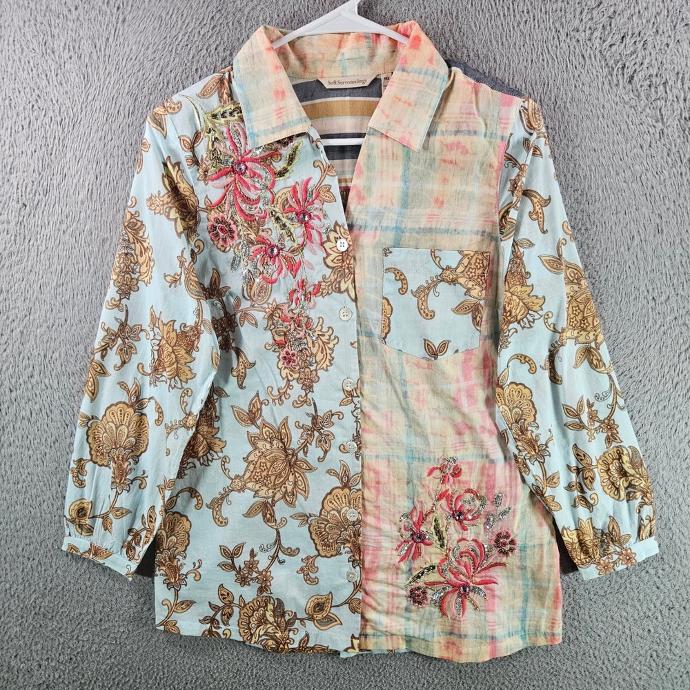 Soft Surroundings Women PXS Blue Floral Embroidered Patchwork Button Up Shirt
